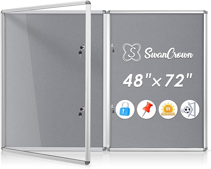 SWANCROWN Enclosed Bulletin Board 48x36 in, Tamperproof Lockable Grey Felt Board Wall Display Case for Office School Home, Aluminum Frame, 2PCS