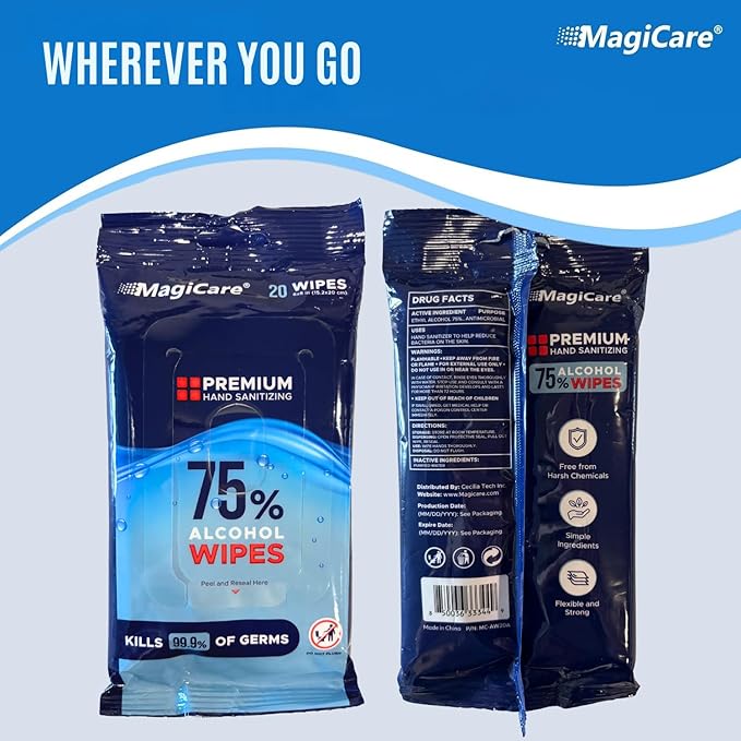 MagiCare 75% Alcohol Hand Sanitizing Wipes (Travel Wipes, 10 Packs) - Premium, Unscented, Large Alcohol Wipes - Hand Wipes Travel Size - Bag, Purse, Car - 10 Packs of 20 (200 Hand Sanitizer Wipes)