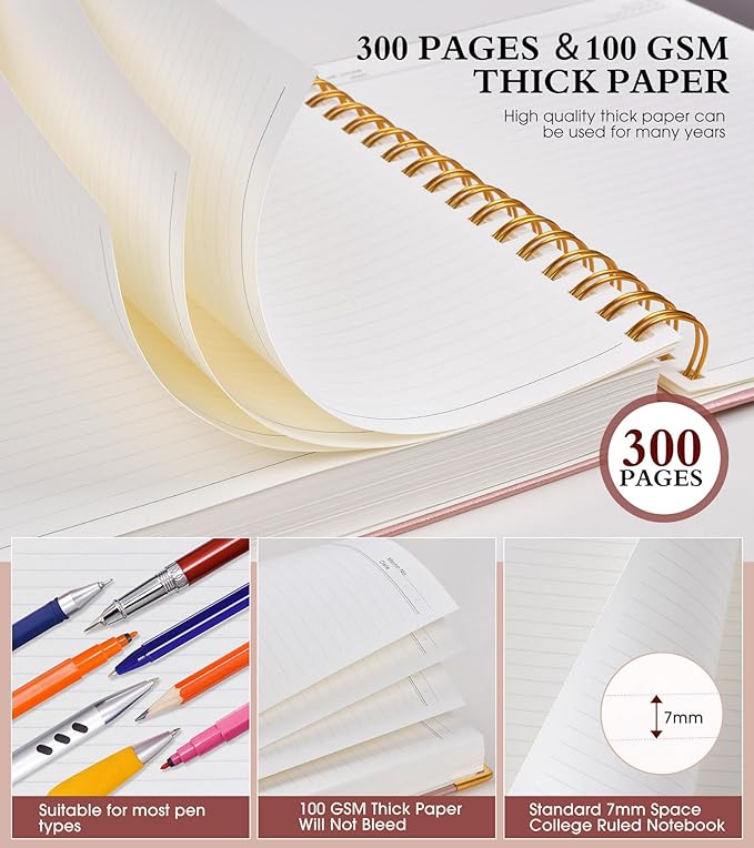 Spiral Notebook Journal 5.75” x 8.38”, 300 Pages Hardcover Leather Lined Journals for Women Men, A5 Small College Ruled Notebooks with 100 GSM Thick Paper, Spiral Journal for Writing Work School, Pink