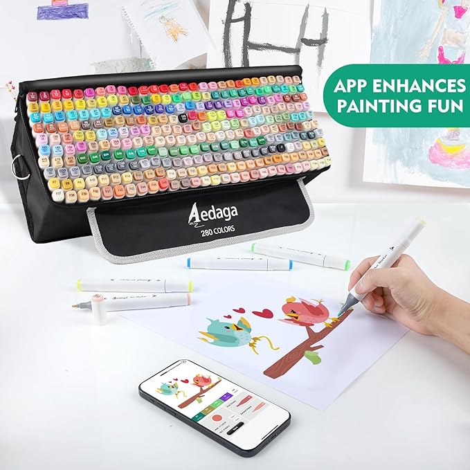 280 Colors Alcohol Markers with Free App, Dual Tip Art Markers with Kickstand Case for Artists Adults and Kids,Alcohol Based Marker for Coloring Painting Sketching and Drawing, Great Gift