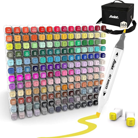 ABEIER Alcohol Markers, 168 Colors Dual Tip (Fine & Chisel) Art, Coloring Markers for Adults Kid, Ideal for Book Drawing Sketching Painting, Card Making, Includes 1 Colorless Blender