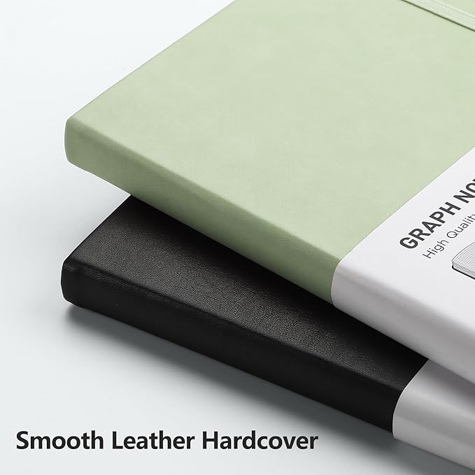 RETTACY Graph Grid Paper Notebook, 192 Pages, A5 Medium Size (5.7'' x 8.3''), 5 Squares per Inch, Leather Hardcover, 100 GSM Thick Paper, for School, Students, Math, Engineering (Light Green)