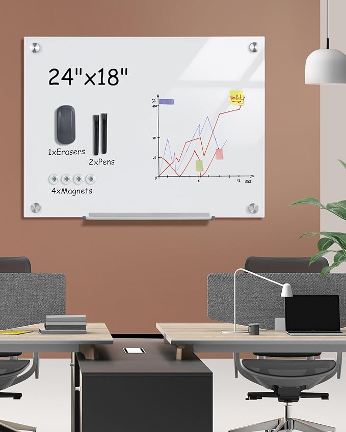 Magnetic Glass Whiteboard,24"x18" Wall Mounted Frameless Dry Erase Board for Office, Home & School Ultra White