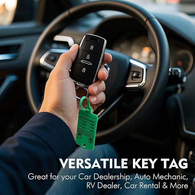 100 Car Key Tags with Labels Plastic Car Dealership Key Tags Self Locking Automotive Identifiers Blank Shop Labels with One Pen (Green)