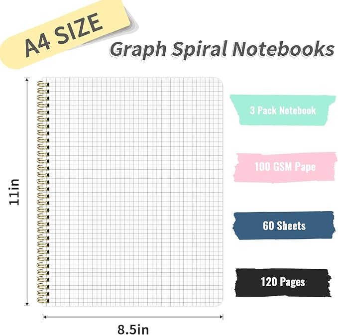 Spiral Graph Notebook 8.5” x 11”, A4 Black Grid Paper Notebook, 120 Pages 100GSM Thick Large Graphing Notebook,Hardcover Spiral Notebook Journals for Work School Engineering