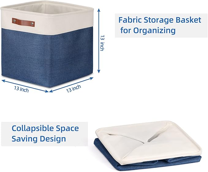 Temary Blue Storage Baskets for Shelves 13 Inch Cube Storage Bins 4Pack Fabric Cubes Basket with Handles for Organizing Shelf Baskets for Home Office Closet (White&Blue)