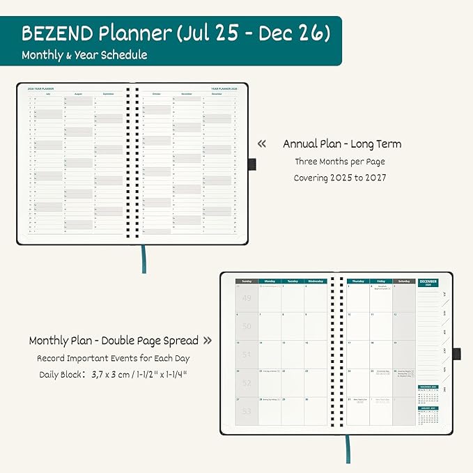 BEZEND Weekly Planner 2025-2026 with 2 Columns, 5.8" x 8.5" Academic Calendar 18 Months (Jul 25-Dec 26) Life Work Appointment Book with Monthly Tab, PU Leather Softcover Spiral - Fruit Green