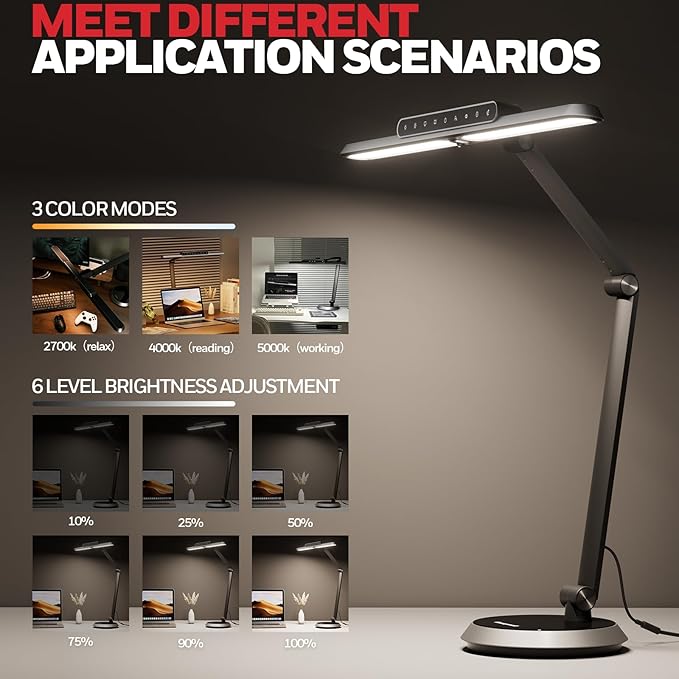 Honeywell Desk Lamp for Home Office, H9 Sunturalux™ Eye-Caring LED Desk Light, 1000LM Dimmable Desk Lamp with Timer and Auto-Sensing, Adjustable Desk Reading Light or Study, Cumputer, Architect