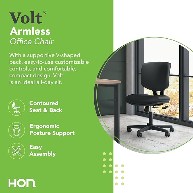 HON Volt Armless Chair, Ergonomic Adjustable Center-Tilt Recline, Leather Back and Seat, Swivel Desk Chair, Black