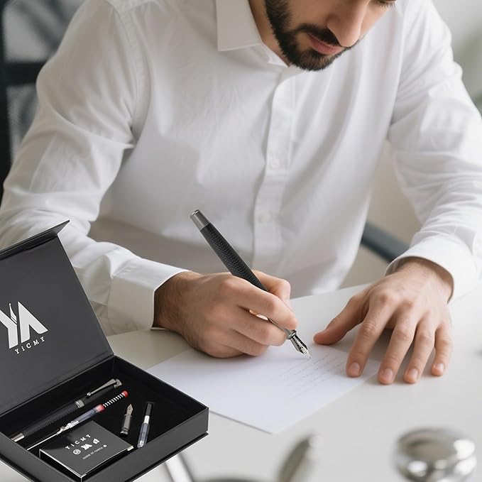 Fancy Fountain Pen Set – Fine & Medium Nibs, Includes 18 Ink Cartridges, Ink Converter, Syringe Filler, Luxury Gift for Writing, Journaling & Calligraphy,Black