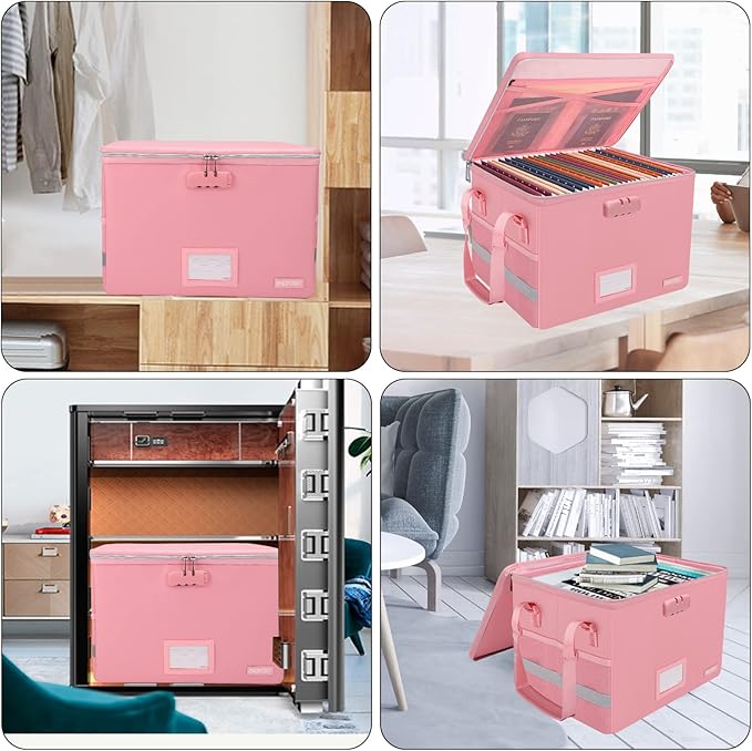 ENGPOW File Box with Lock, Fireproof Document Box with Zipper&Pockets, Collapsible File Organizer Filing Storage Cabinet with Handle, Portable Home Office Safe for Hanging Letter/Legal Folder, Pink