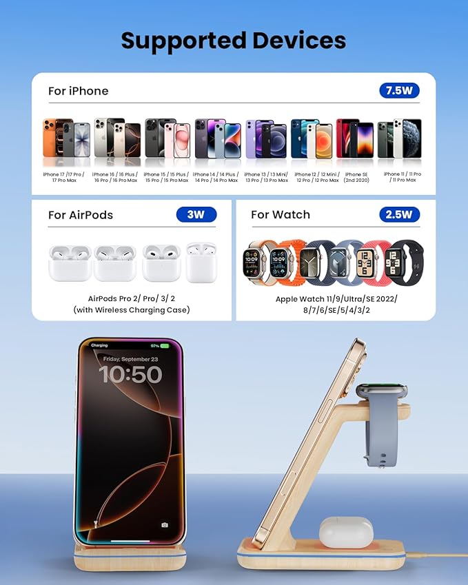 3 in 1 Wireless Charging, Wireless Charger Stand for Multiple Apple Devices, Wireless Charger for iPhone 17 16 15 14 13 12 11 Pro Max XS XR 8, Apple Watch 11 9 8 7 6 SE 5 4 3 2, AirPods 3/2/Pro