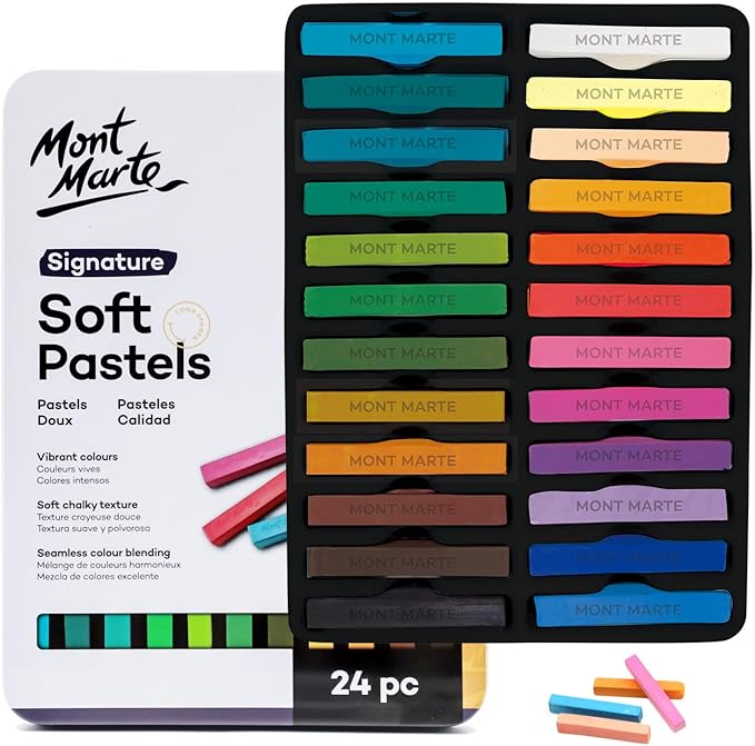 Mont Marte Soft Pastels in Tin Box Signature 24pc, 24 Assorted Colors, Vibrant Pastel Sticks, Great Blending, Comes in Storage Case, Ideal for Art, Craft, Coloring and Sketching