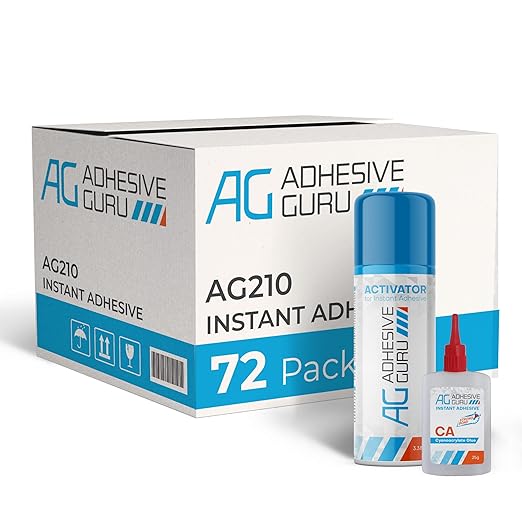 Adhesive Guru CA Glue with Activator Woodworking (72 x 0.9 oz - 72 x 3.38 fl oz) Ca Glue for Woodworking, Cyanoacrylate Glue and Activator (72 Pack)