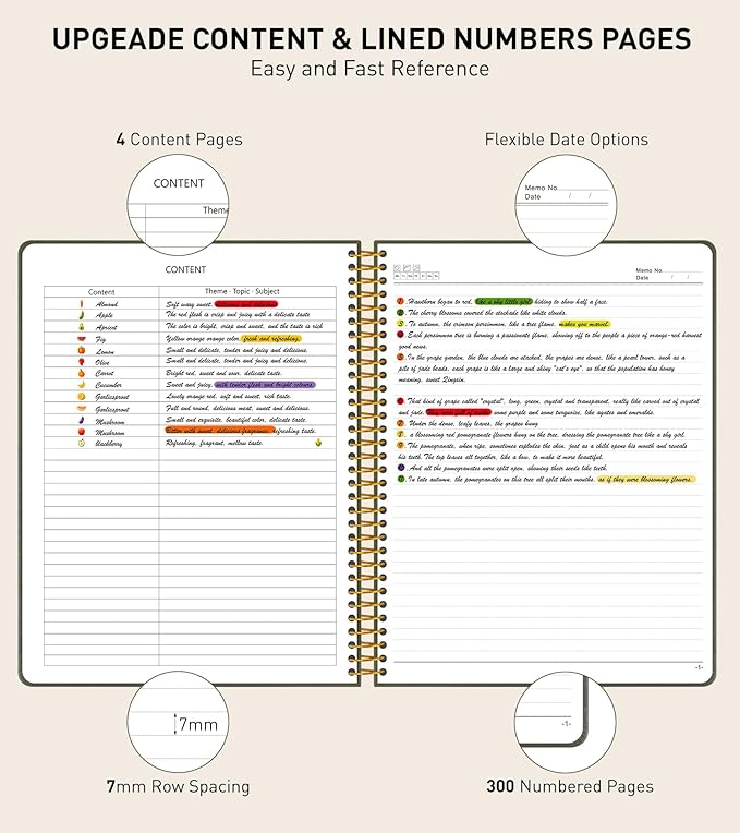 B5 Spiral Notebook Journal 7.6” x 10”, 300 Numbered Pages Hardcover Leather Journals for Women Men, Large Lined College Ruled Notebooks, 100GSM Thick Paper, Spiral Bound Journal for Work School, Green