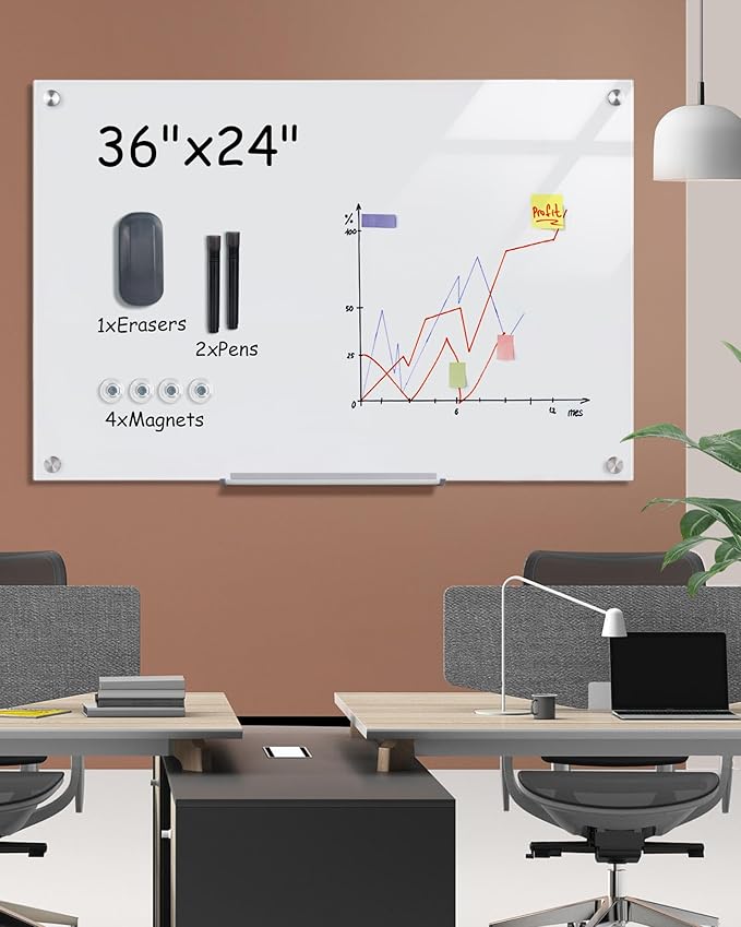 Magnetic Glass Whiteboard,36"x24" Wall Mounted Frameless Dry Erase Board for Office, Home & School Ultra White