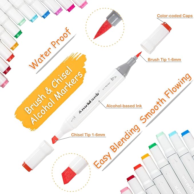 AnyMark Alcohol Markers Brush Tip, 100+1 Colors Dual Tip Brush & Chisel Alcohol-Based Art Markers Set with Case for Adult Artists Drawing Coloring
