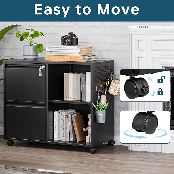 MIIIKO 2 Drawer File Cabinet on Wheels, Metal Filing Cabinets with Shelf, Home Office Mobile File Cabinet with Lock, Printer Stand Storage A4, Letter Size File Folders