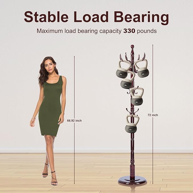 Solid Wood Coat Rack – 72" Freestanding Coat Racks Stand with 14 Hooks & Stable Base, Adjustable Height Modern Wooden Hall Tree for Entryway, Bedroom, Office, Home (Mahogany Phoenix Hook)