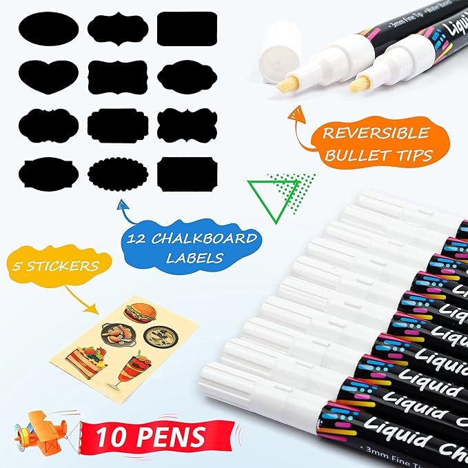 White Liquid Chalk Markers Set, Pack of 10 White Chalkboard Paint Pens with 12 Chalkboard Labels, 5 Stickers, Perfect for Chalkboards, Bistro Boards, Glass and Metal