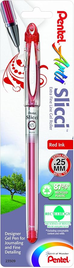 Pentel Arts Slicci 0.25 mm Extra Fine Gel Pen, Red Ink, 1 Pack (BG202BPB)