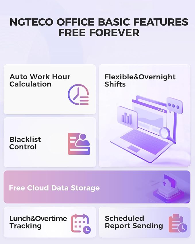NGTeco Cloud Time Clock for Employees Small Business, Fingerprint+Card Time Clocks With Battery, 2.4G & 5G WiFi Times Clock Punch Machine with Remote Control Software & iOS/Android App (0 Monthly Fee)