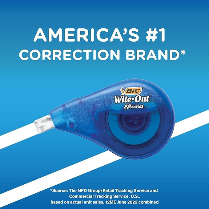 BIC White Out Tape- Tear Resistant, Clear Dispenser EZ Correct Correction Tape - 39.3 Feet Each - Pack of 7