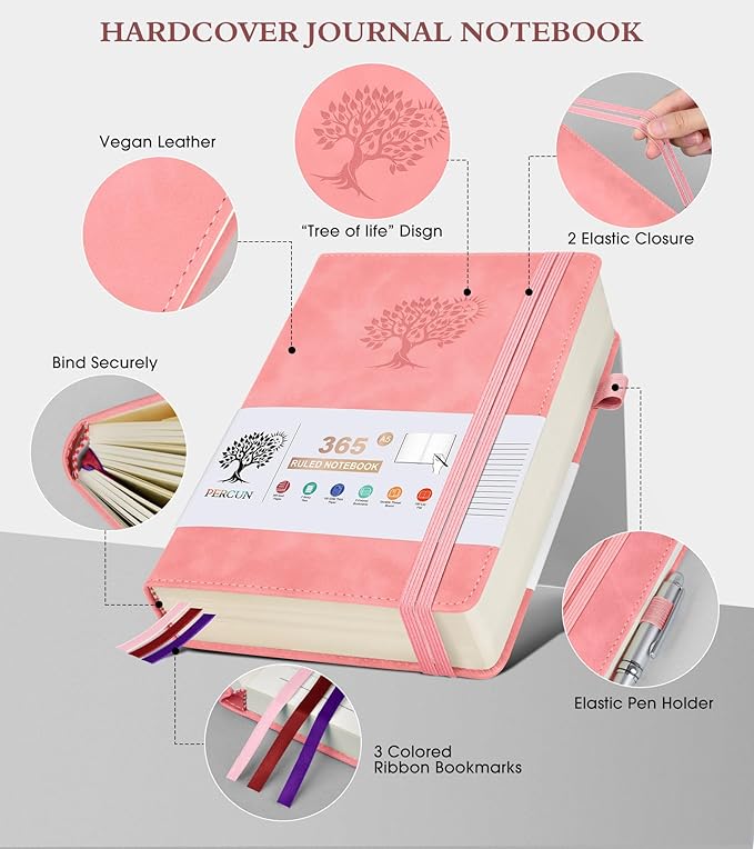A5 Lined Journal Notebook - 365 Page Leather Journals for Writing Women & Men,Hardcover Notebook with 100Gsm Thick Pages,Daily Diary for Travel, Work,School,Note Taking,College Ruled (5.9" x 8.5")