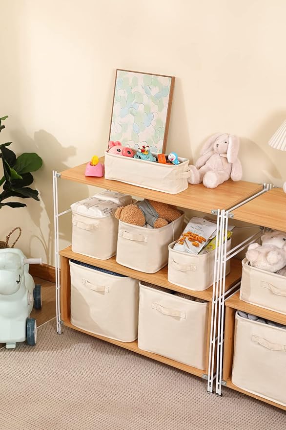 Decorative Basket Rectangular Fabric Storage Bin Organizer Basket with Handles for Clothes Storage (11.6 x 8 x 7.8, Beige)