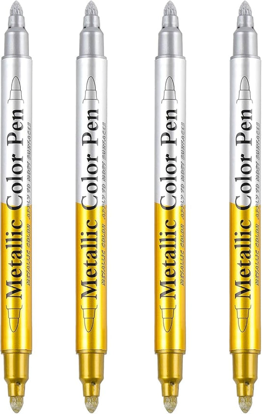 Dyvicl Metallic Marker Pens Dual Tip, Permanent Metallic Silver and Gold Paint Pens for Black Paper, Wine Glass, Rock Painting, Christmas Card Making, Scrapbook, DIY Art Crafts, Set of 4