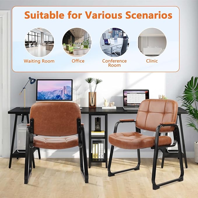 CLATINA Big & Tall 500 lbs Waiting Room Chairs with Padded Armrests and Sled Base, Leather Stationary No Wheels Office Guest Chair for Reception Lobby Home and Meeting Conference, Brown (2 Pack)