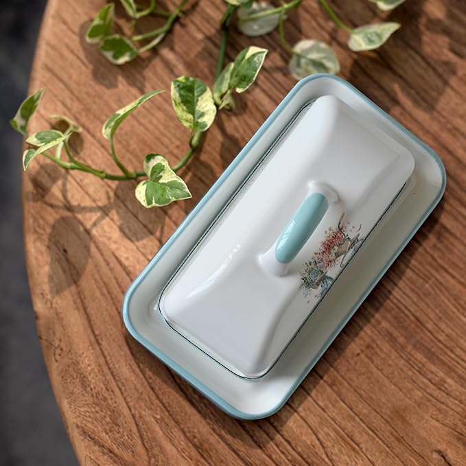 Enameled Farmhouse Vintage Butter Dish with Lid, 7.5 Inch Durable Kitchen Food Storage Container Rust-Resistant Refrigerator Safe,Vintage Decorative Design Kitchenware for Countertop