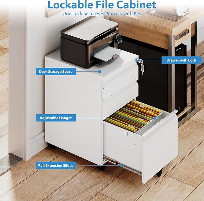 3 Drawer Mobile File Cabinet with Lock,Under Desk Storage Cabinet for Home Office,Vertical Filing Cabinet Fits A4 or Letter Size(Unassembled,White)
