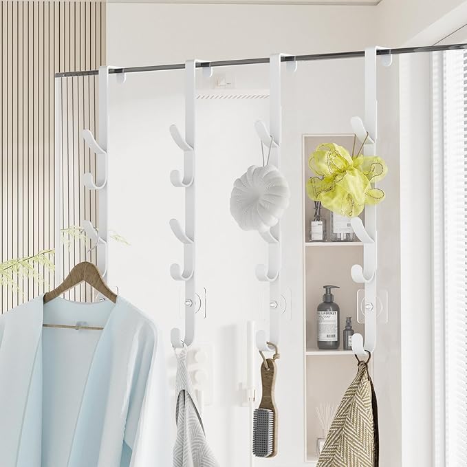 Over The Door Hooks, Metal Door Hooks for Hanging, Over The Door Purse Organizer for Coat Hanger, Back of Shower Door for Hanging Towel Rack Clothes, Hat, Bathroom, Closet (White-4Packs)