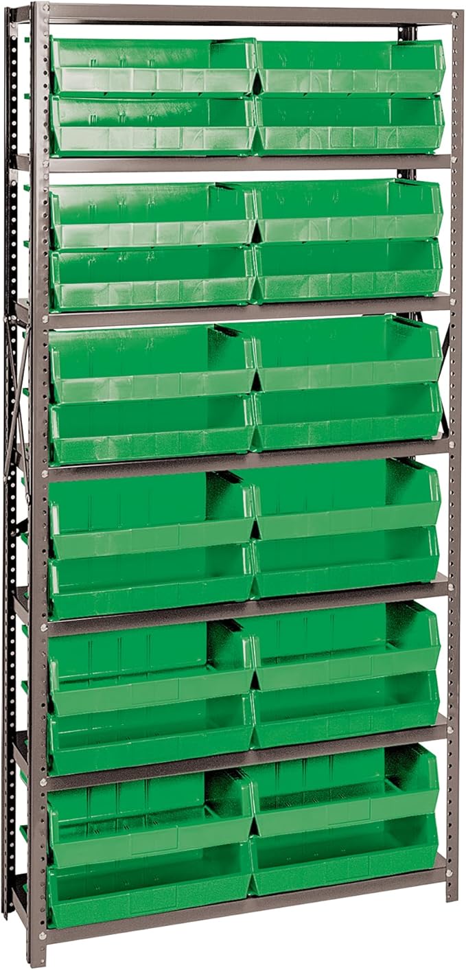 Quantum QSBU-245GN Heavy Duty Shelving Unit with (7) Shelves and (24) QUS245 Green Bins for Garage Warehouse Storage Distribution | 400 lb Load Capacity | 12"D x 36"L x 75"H, Galvanized Carbon Steel