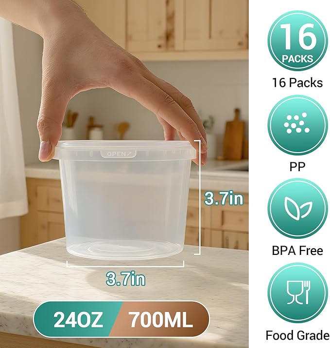 Food Storage Containers, 16 Pack 24oz Freezer Storage Containers with Lids, Leakproof, BPA Free, Microwave & Dishwasher Safe Takeout Container - Ideal for Soup and More