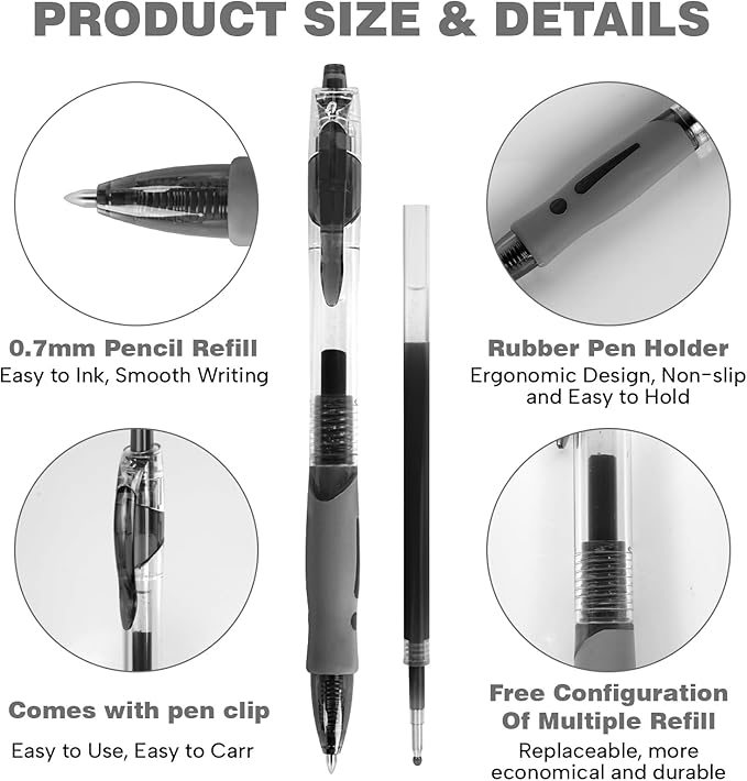 Innertone Black Gel Pens,12 Pcs Retractable Fine Point 0.7mm with 4 Refills,Black Pen,Featuring Smooth Writing and Quick-Drying Ink, Suitable for Women, Men, Journaling, School, and Office Use
