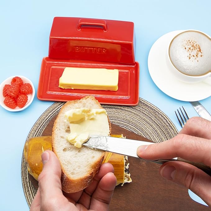 Ceramic Butter Dish With Lid for Countertop, Covered Butter Holder With Lid, Red Butter Container, Butter Tray With Handle