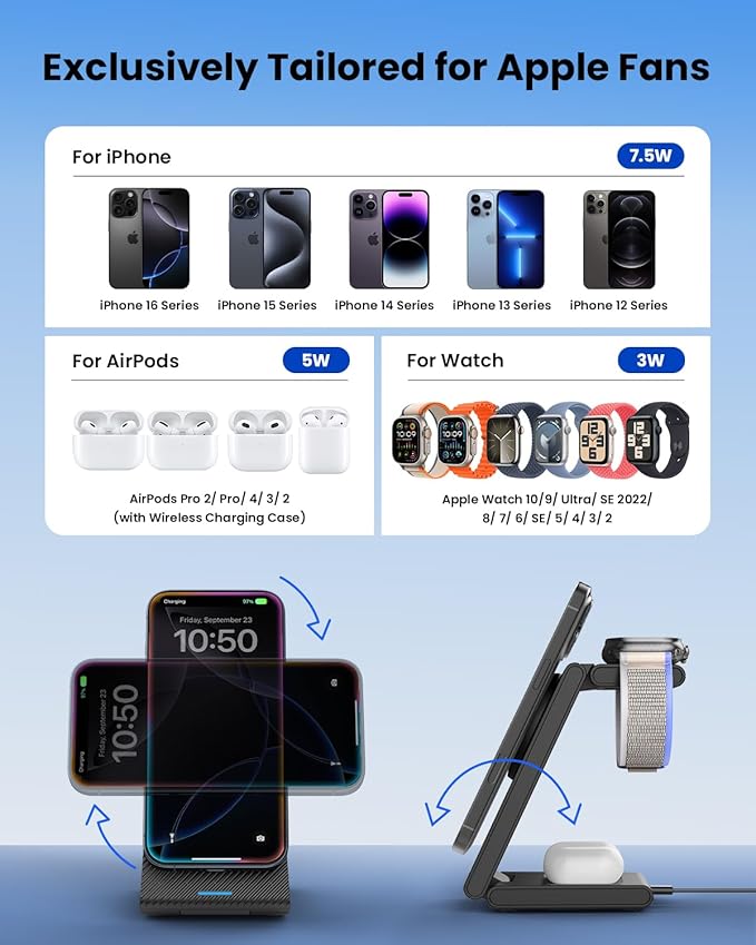 3 in 1 Wireless Charging Station, Foldable Magnetic Wireless Charger Stand for Multiple Devices, Wireless Charger for iPhone 16/15/14/13/12, Apple Watch 9/8/7/6/SE/5/4/3/2, AirPods 3/2/Pro