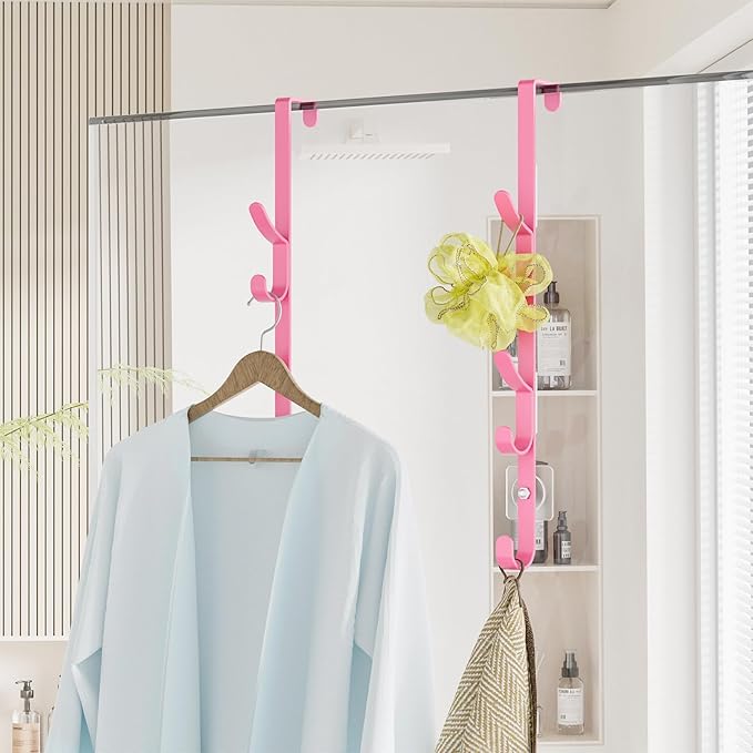 Over The Door Hooks, Metal Door Hooks for Hanging, Over The Door Purse Organizer for Door Coat Hanger, Back of Shower for Hanging Towel Rack Clothes, Hat, Bathroom, Closet (Pink-2Packs)