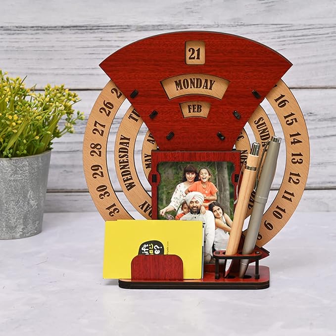 GKD Wooden Desk/Table Calendar to Lifetime Infinite Calendar 2025 with Desk Organizer and Photo Frame for Office/Home (Red)