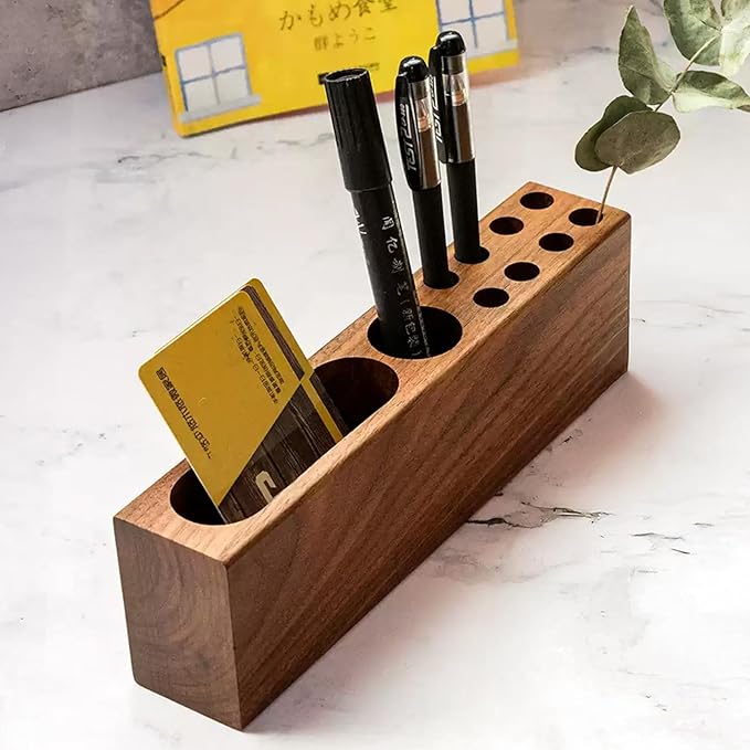 LiTY Pen Holder for Desk, Acacia Wooden Pencil Stand, Solid Wood Business Card Holder, Fountain Pen Organizer, Minimalist Aesthetic Office Stationery Desk Decor