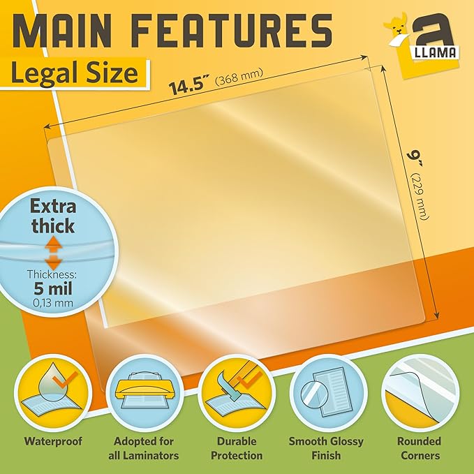 Thermal Laminating Pouches 9ā x 14.5ā, 5 Mil Thick, 20 Pack, Suited for Legal Size Laminating Sheets 8.5 x 14