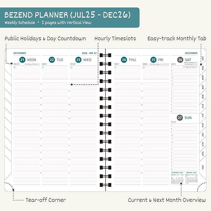 BEZEND Planner 2025-2026 Weekly and Monthly, 8.5" x 11" Academic Calendar (Jul 25-Dec 26) Vertical Daily Appointment with Hourly Timeslot & Monthly Tab, Spiral, PU Leather Softcover - Cornflower