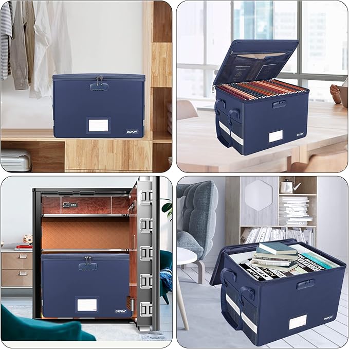 ENGPOW File Box with Lock, Fireproof Document Box with Zipper&Pockets, Collapsible File Organizer Filing Storage Cabinet with Handle, Portable Home Office Safe for Hanging Letter/Legal Folder, Blue
