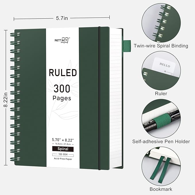 RETTACY Spiral College Ruled Notebook, 300 Pages, A5 Medium Size (5.7" x 8.2"), for School, Work, Writing, Journaling, 100 GSM Thick Paper, Flexible Plastic Cover (Deep Green)