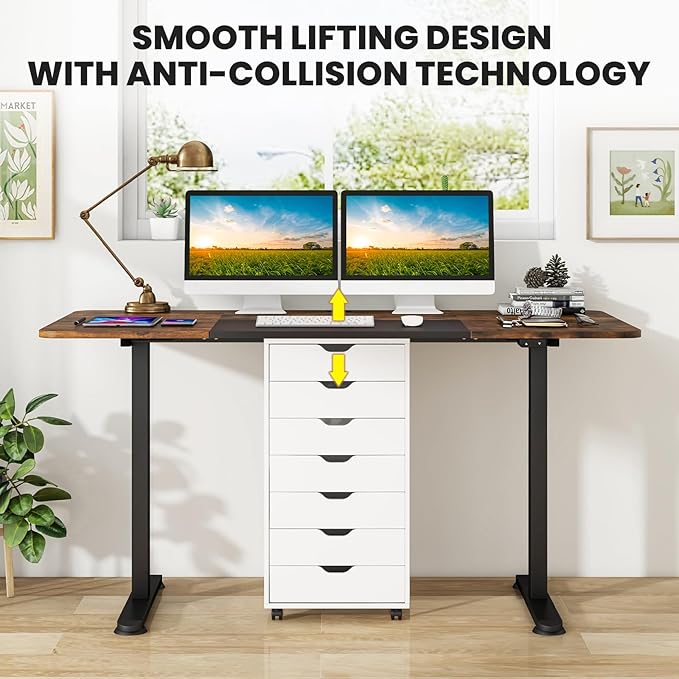 GOFLAME Height Adjustable Electric Standing Desk, 55 x 28 Inch Sit Stand Up Electric Desk with Metal Frame, Ergonomic Standing Workstation for Study, Office, Living Room, Brown