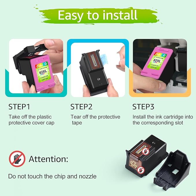greencycle 62XL Remanufactured Ink Cartridges Combo Pack Replacement for HP 62 XL C2P05AN C2P07AN Compatible for Envy 5540 5660 7640 7645 Officejet 200 2250 5740 8040 (1 Black 1 Color)