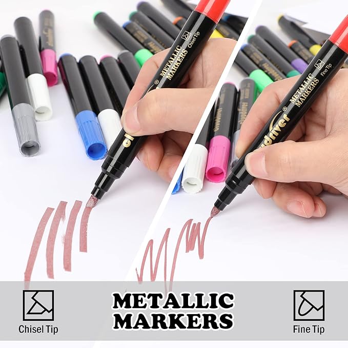 cloudriver Metallic Markers, 24 Count, 12 Assorted Colors, Fine and Chisel Tip, Metallic Marker Pens For Black Paper, Art Rock Painting, Easter Egg, Card Making, Scrapbook Crafts