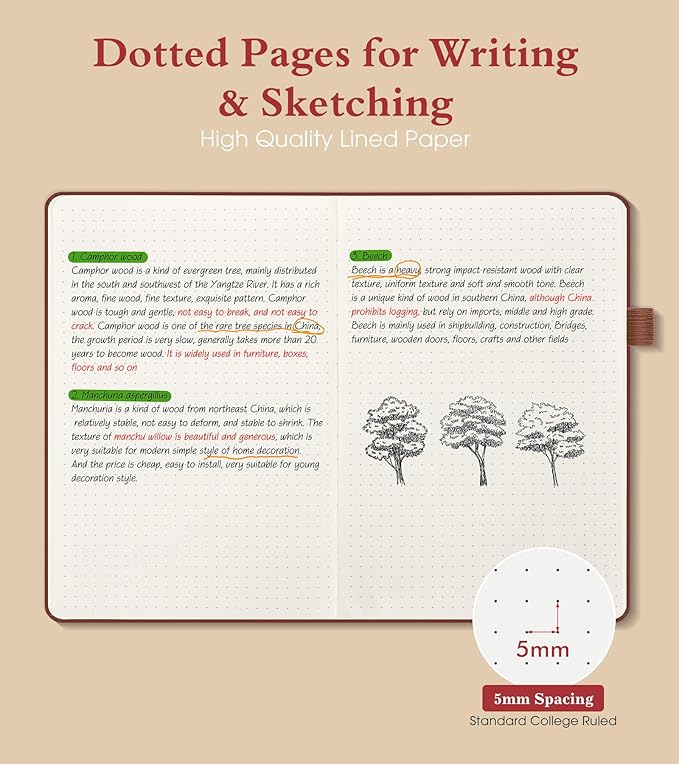 Dotted Journal Notebook for Women Men, 160 Pages Dot Grid Paper,Inner Pocket, A5 Hardcover Vintage Leather Notebooks for School, Work, Travel, Note Taking,Bullet Journaling 5.8"x8.5" (Brown)
